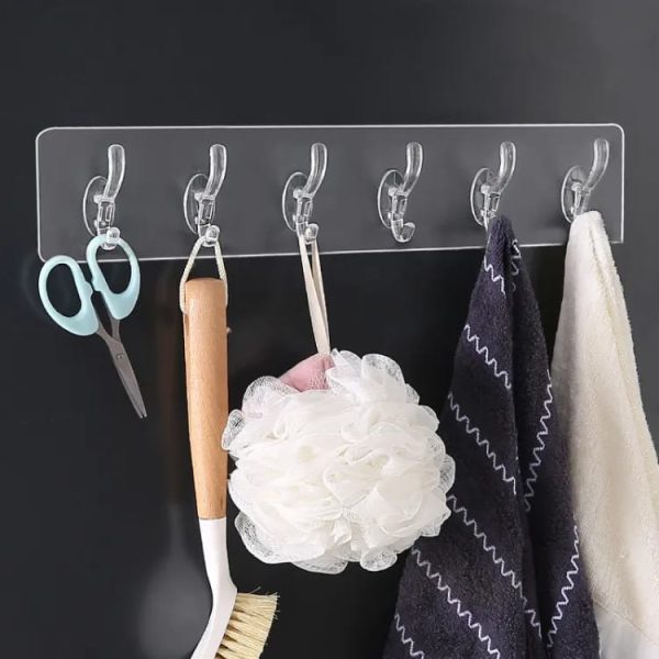 (Pack of 3) 6 Row Transparent Wall Hooks Self Adhesive Clothes Coat Door Hanger Towel Key Holder Bathroom Kitchen Storage Sticker Hook